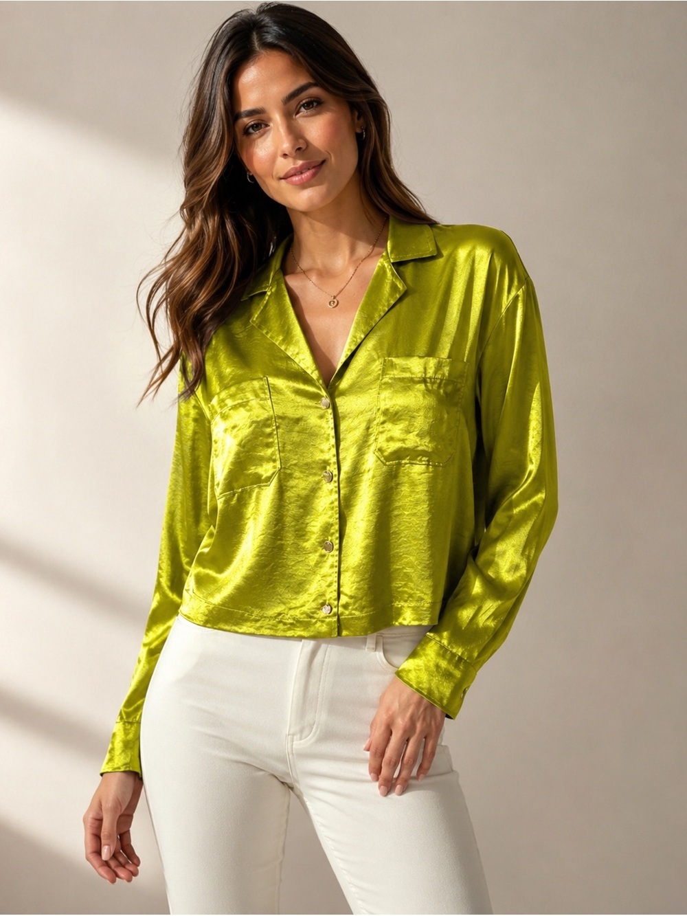 Calligraphie Chartreuse Satin Button Front Blouse Women’s Size M